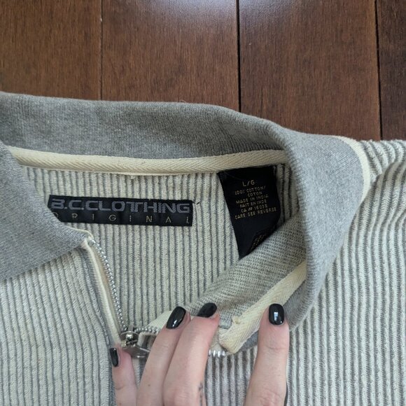GREY RIBBED KNIT VINTAGE QUARTER ZIP SWEATSHIRT - Picture 2 of 3